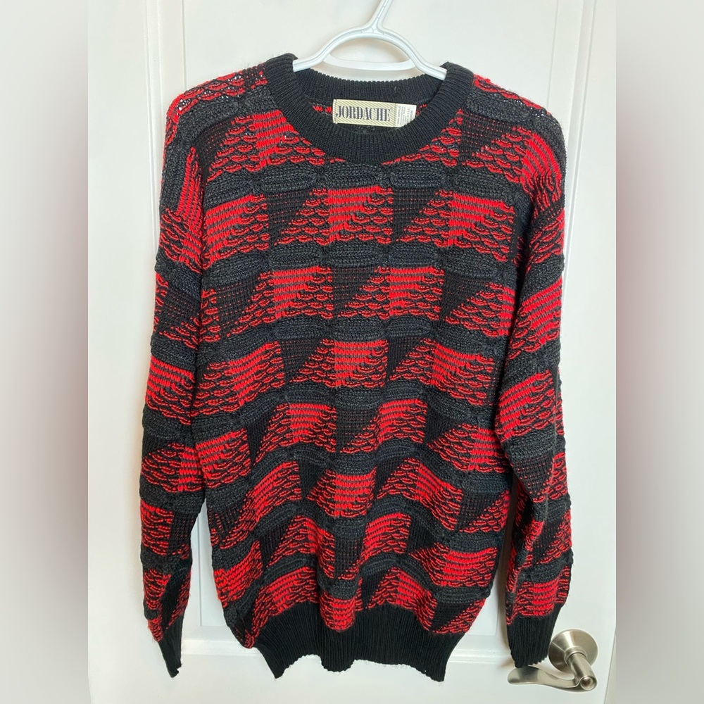 Vintage Jordache Men’s Geometric Red And Black Sweater Knit Medium USA Abstract